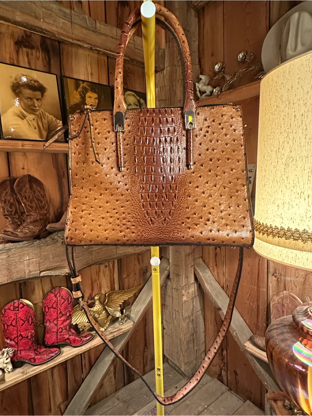 Structured Ostrich-Embossed Tote in Tan